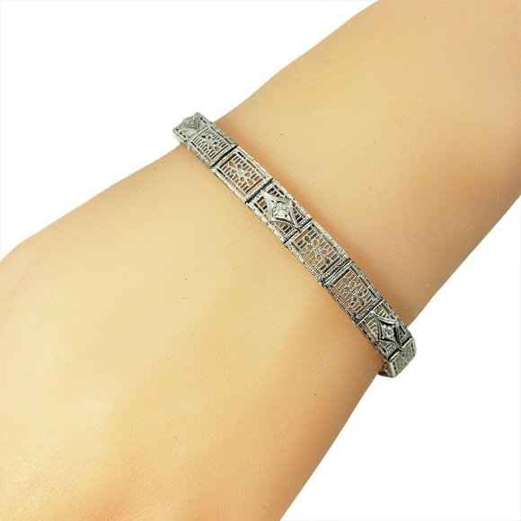 Vintage 10 Karat White Gold and Diamond Filigree Bracelet #11407 - Picture 9 of 9